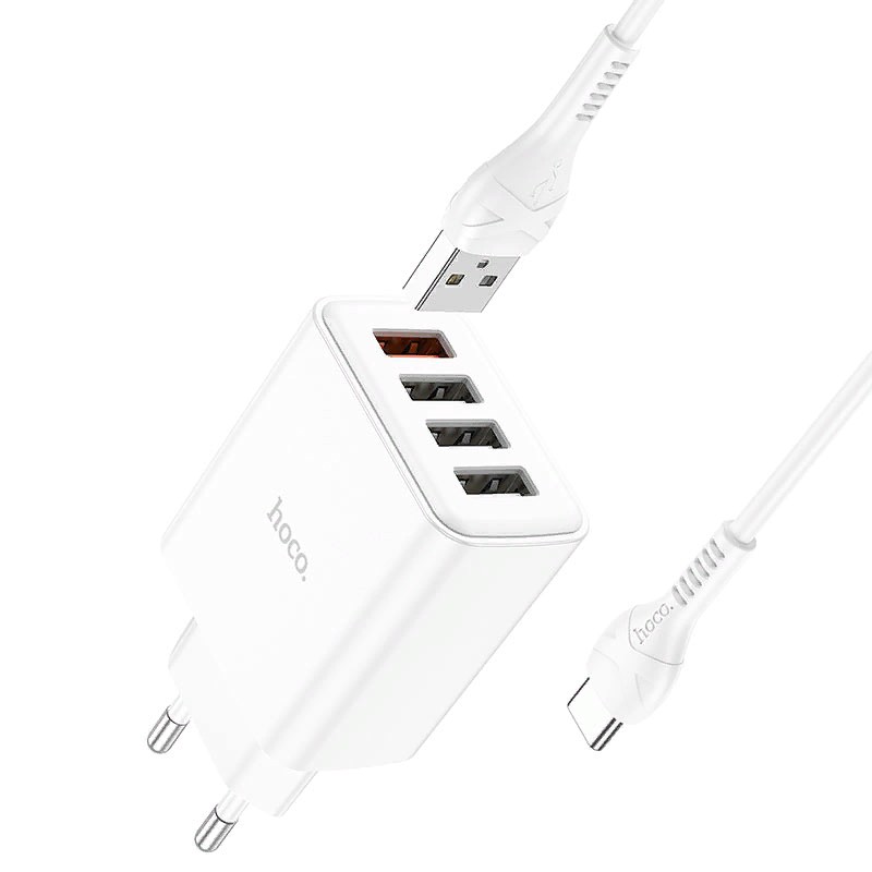 Адаптер питания Hoco C102A Fuerza QC3.0 fast charger 28.5W c кабелем Type-C (4USB: 5V max 2.1A) Белый