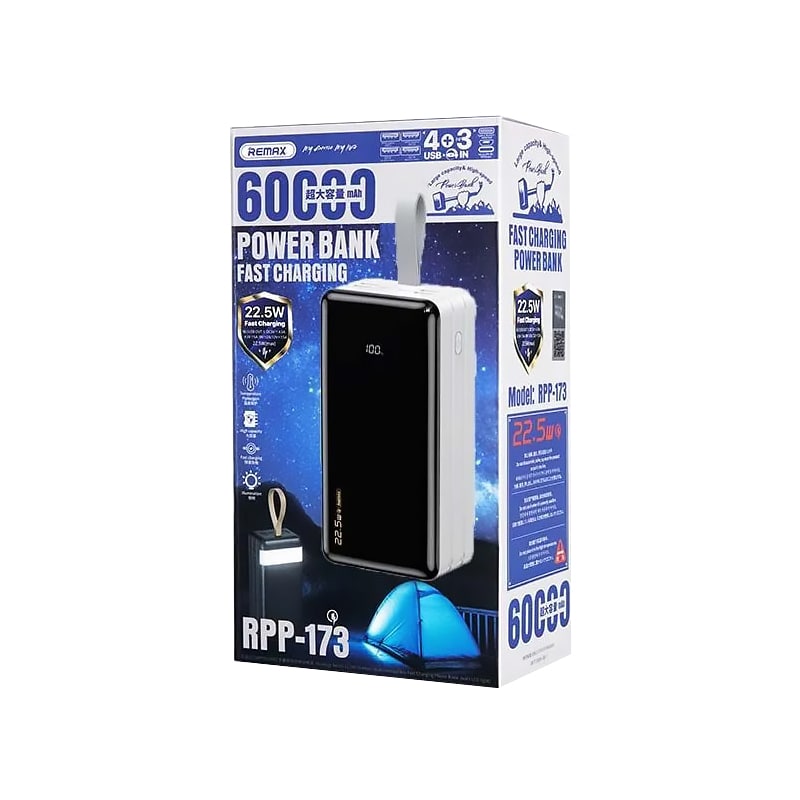 Аккумулятор внешний универсальный Remax RPP-173 60000 mAh Hunergy series PD22.5W+QC3.0 power bank (4USB:5V-2.0A Max) Белый