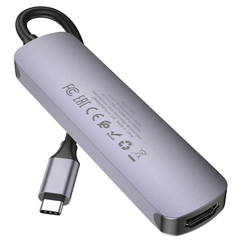 Переходник Hoco HB27 Type-C multifunction adapter PD, USB3.0, 2хUSB2.0, HDMI, 4К при 30 Гц, 60W, для MacBook Графитовый