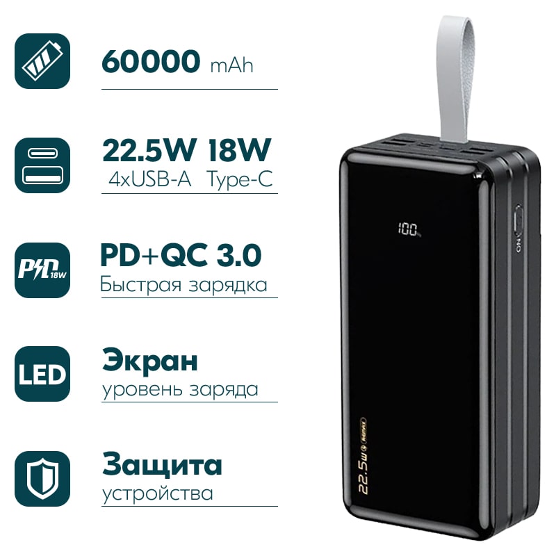 Аккумулятор внешний универсальный Remax RPP-173 60000 mAh Hunergy series PD22.5W+QC3.0 power bank (4USB:5V-2.0A Max) Черный