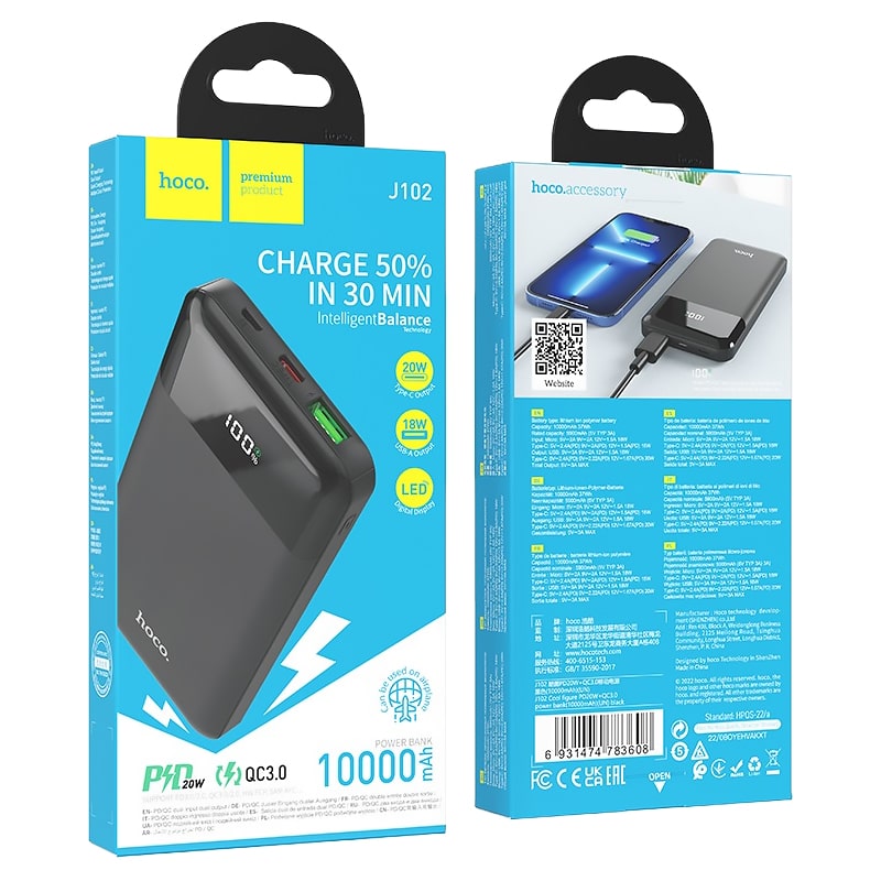 Аккумулятор внешний универсальный Hoco J102 10000 mAh Cool figure PD22.5W+QC3.0 power bank (2USB:5V-4.5A/ Type-C: 5V-2.4A) Черный