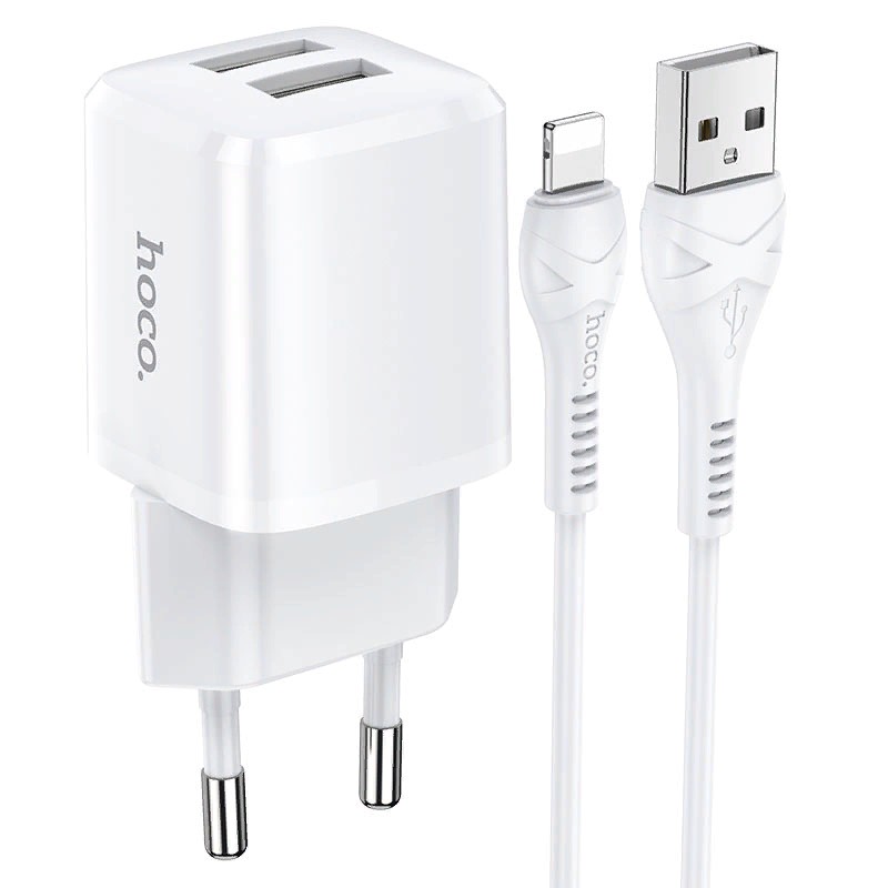 Адаптер питания Hoco N8 Briar dual port charger с кабелем Lightning (2USB: 5V max 2.4A) Белый