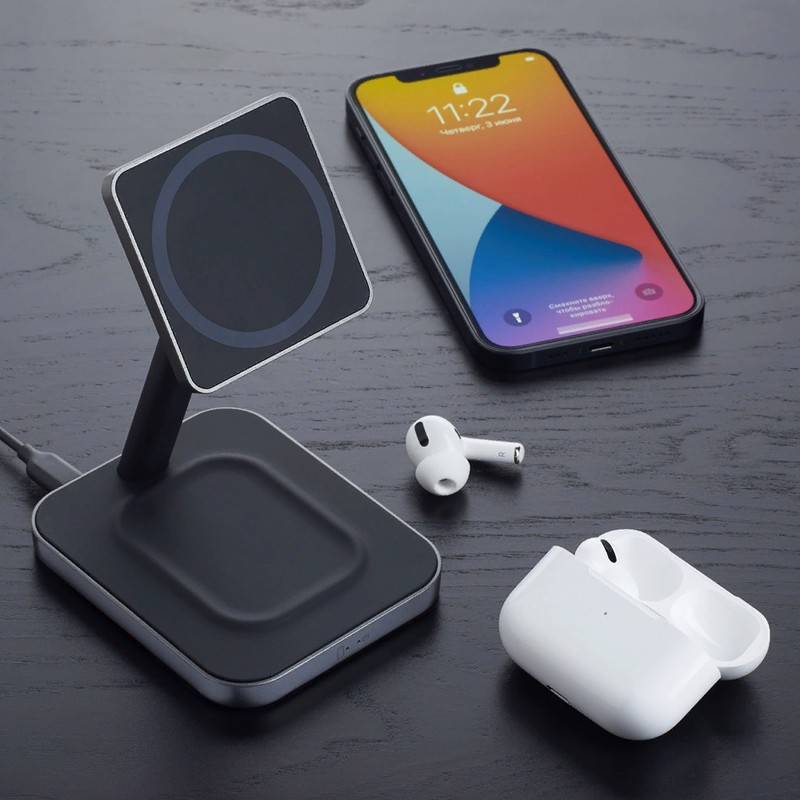 Беспроводное зарядное устройство Deppa MageSafe Stand 2в1 (D-24016) для Apple iPhone/ Air Pods 20W Черный