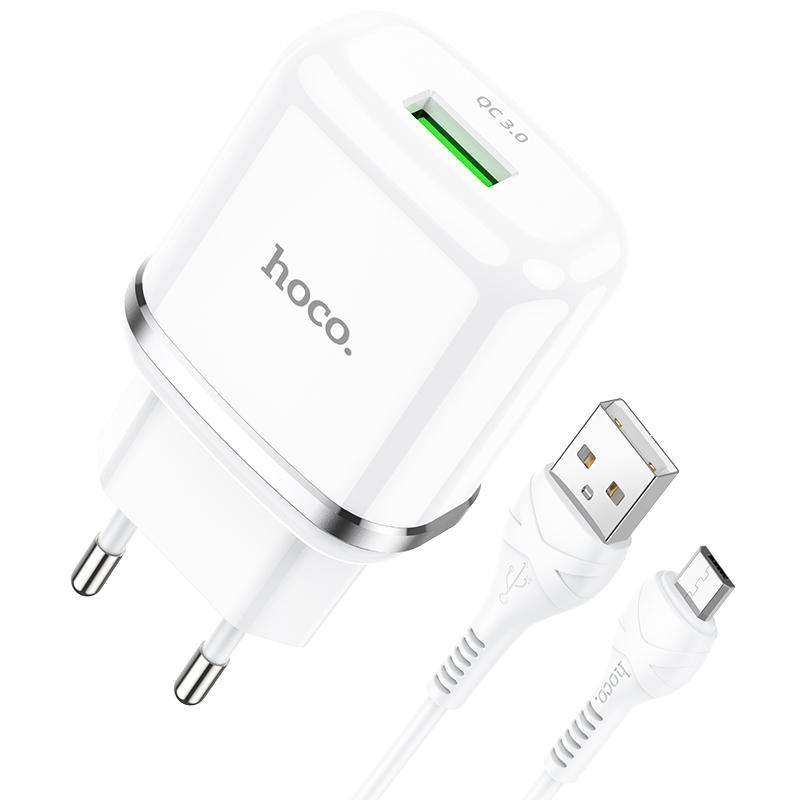 Адаптер питания Hoco N3 Special single port QC3.0 charger с кабелем MicroUSB (USB: 3.6-6.5V 3.0A/6.6-9V 2.0A/ 18W) Белый