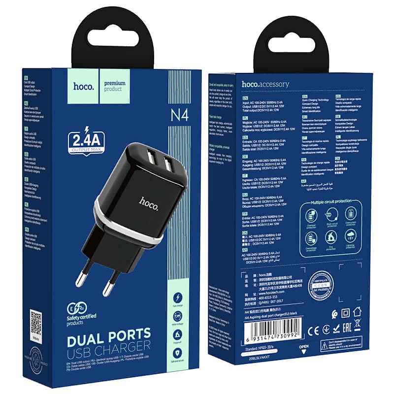 Адаптер питания Hoco N4 Aspiring dual port charger Apple&Android (2USB: 5V max 2.4A) Черный