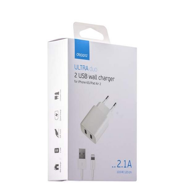 Адаптер питания Deppa Ultra 2.1A + дата-кабель c разъемом 8-pin Lightning 1.2 м D-11306 (USB: 5V 1A & 5V 2.1A) Белый