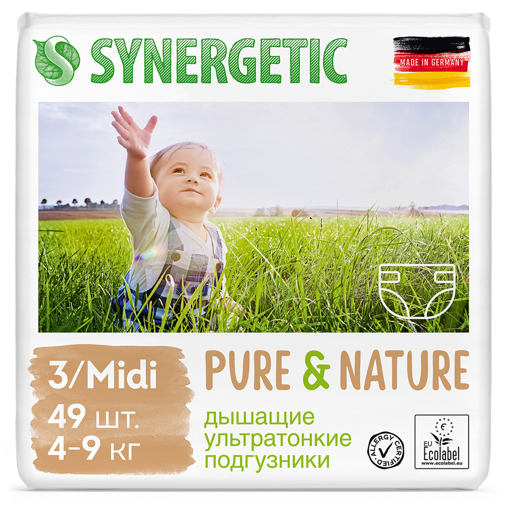 Подгузники детские "Pure&Nature", дышащие, размер 3/midi, 4-9 кг Synergetic 1160 г 49 шт