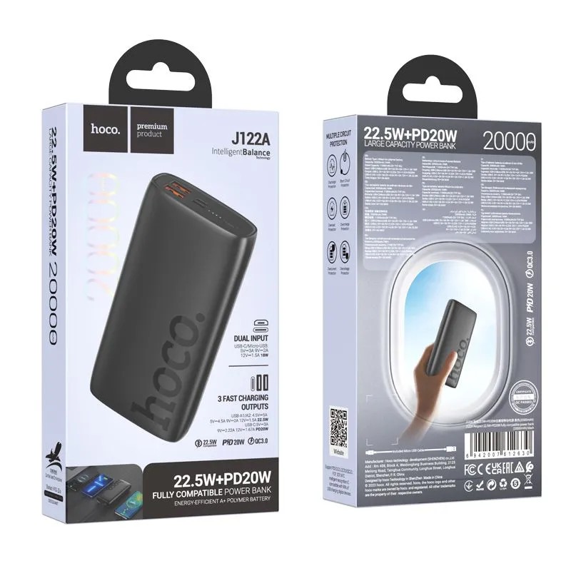 Аккумулятор внешний универсальный Hoco J122A 20000 mAh Respect power bank 22.5W (2USB:5V-2.0A) Черный