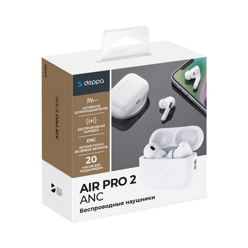 Bluetooth-гарнитура Deppa Air Pro 2 ANC TWS BT 5.2 (D-44194) с зарядным устройством Белый