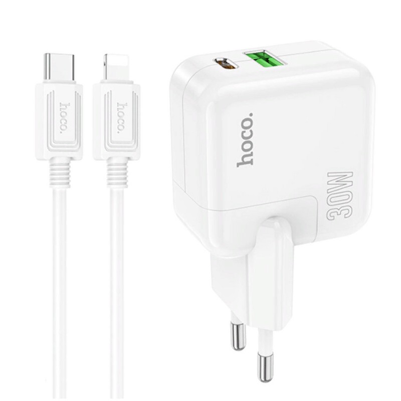 Адаптер питания Hoco C111A Lucky QC3.0 PD 30W c кабелем Type-C to Lightning (USB+Type-C: 5V max 2.1A) Белый