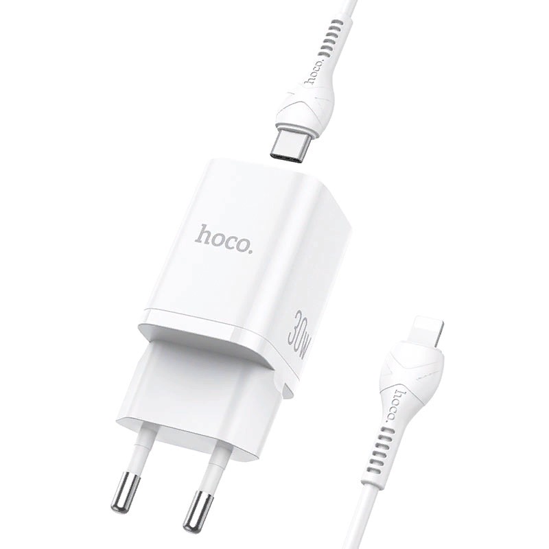 Адаптер питания Hoco N13 Bright PD30W+QC3.0 charger с кабелем Type-C to Lightning (USB: 5V max 3.0A/ 30Вт) Белый