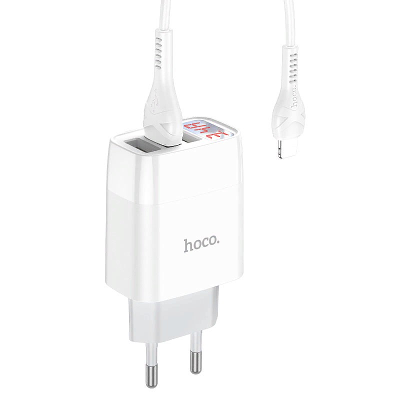 Адаптер питания Hoco C93A Easy charge 3-port digital display charger с кабелем Lightning (3USB: 5V max 3.4A) Белый