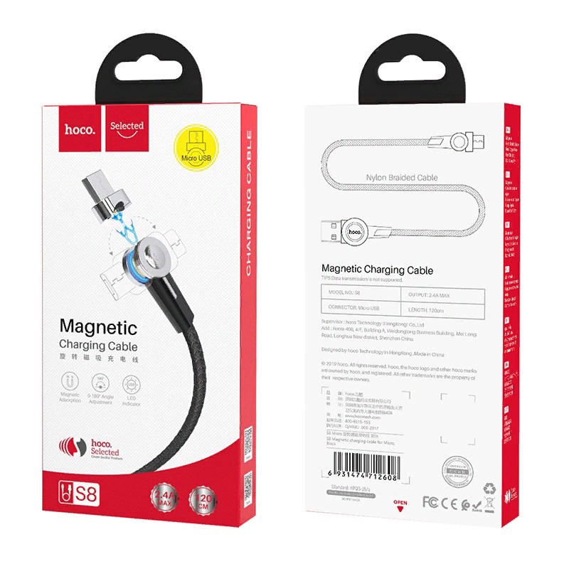 Дата-кабель USB Hoco S8 Magnetic charging data cable for MicroUSB (1.2м) (2.4A) Черный