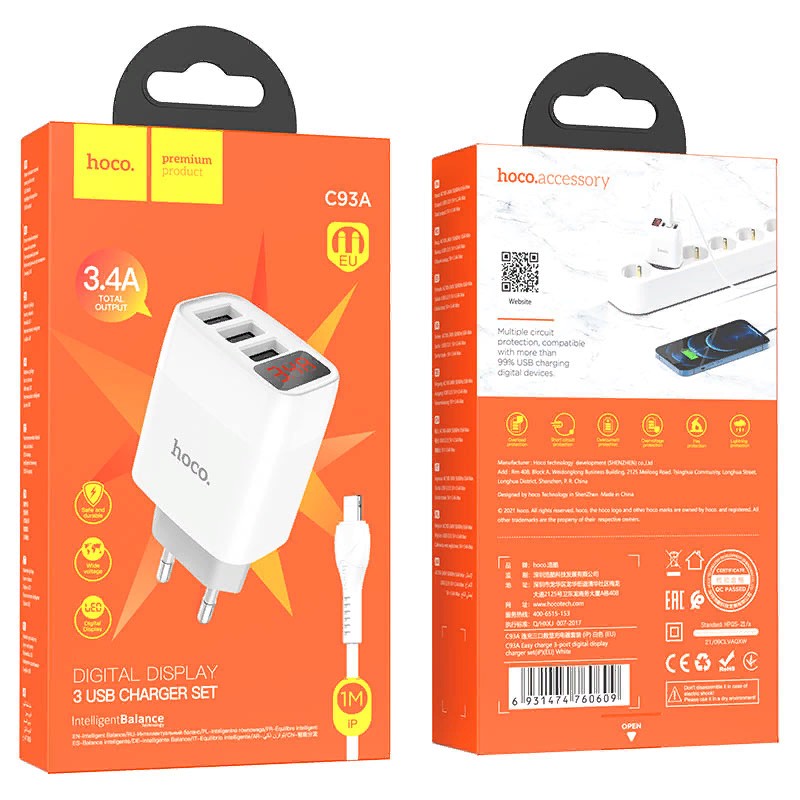 Адаптер питания Hoco C93A Easy charge 3-port digital display charger с кабелем Lightning (3USB: 5V max 3.4A) Белый