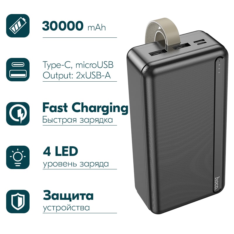 Аккумулятор внешний универсальный Hoco J91B 30000 mAh Strong and Wear-Resistant power bank (2USB:5V-2.1A) Черный