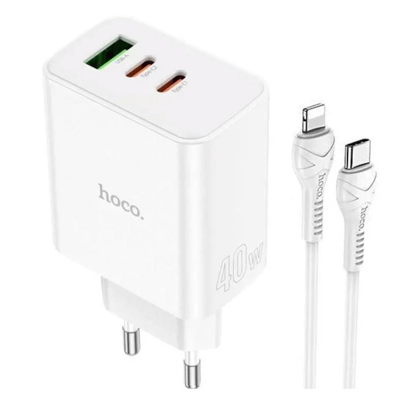 Адаптер питания Hoco C126A PD 40W c кабелем Type-C to Lightning (USB + 2Type-C: 5V max 2.1A) Белый