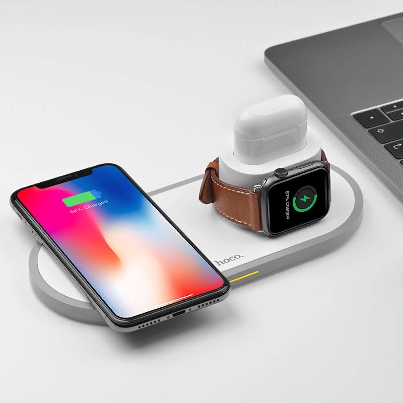 Беспроводное зарядное устройство Hoco CW21 для Apple iPhone/ Watch (1-4ser)/ Air Pods 3в1 Wireless Charger 10W Белый