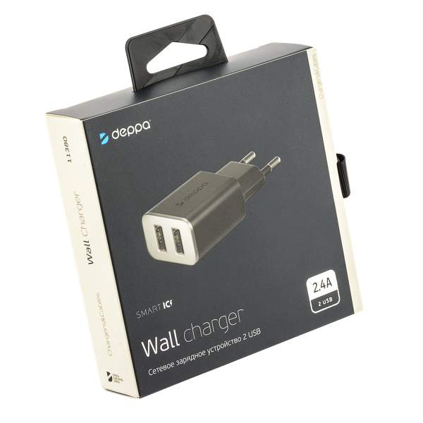 Адаптер питания Deppa Wall charger 2.4А D-11382, дата-кабель Type-C 1.2m (2USB: 5V 2.4A) Черный