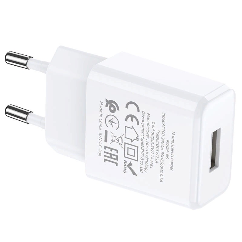 Адаптер питания Hoco N9 Especial single port charger Apple&Android (USB: 5V max 2.1A) Белый