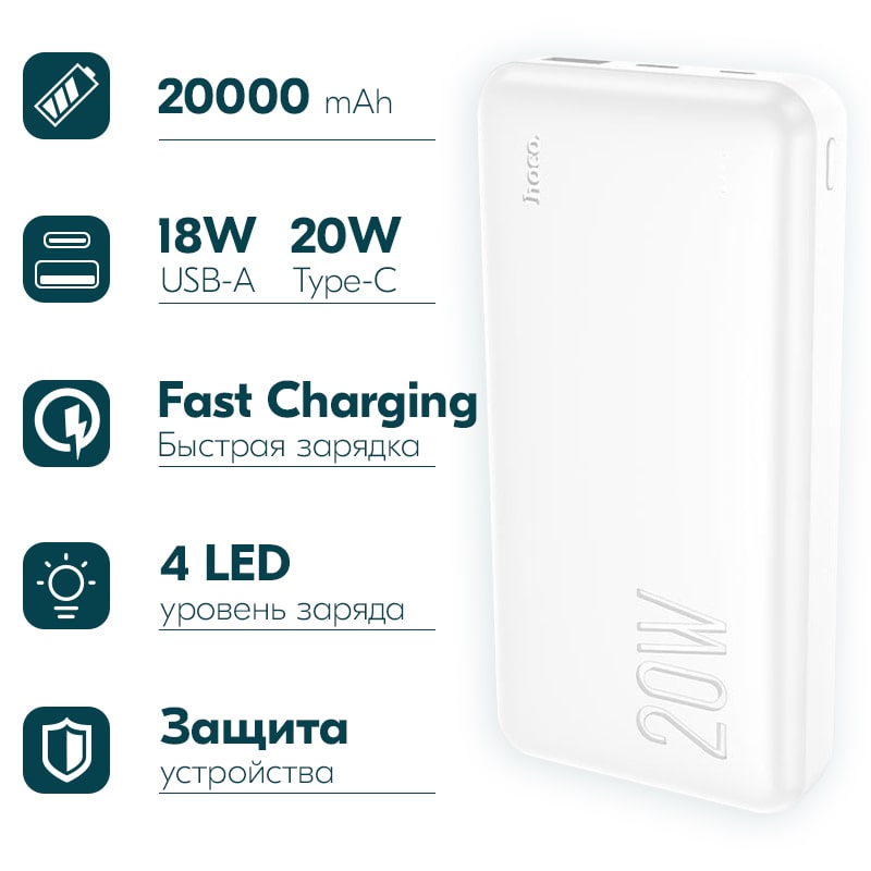 Аккумулятор внешний универсальный Hoco J87A 20000 mAh Tacker PD20W+QC3.0 power bank (USB:5V-3.0A Max) Белый