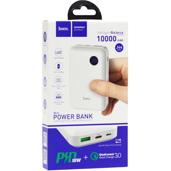 Аккумулятор внешний универсальный Hoco J44-10000 mAh PD+QC3 Mobile Power Bank (USB: 3.6-6.5V/3.0A) White Белый