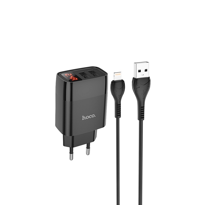 Адаптер питания Hoco C86A lllustrious charger с кабелем Lightning (2USB: 5V max 2.4A) с дисплеем Черный