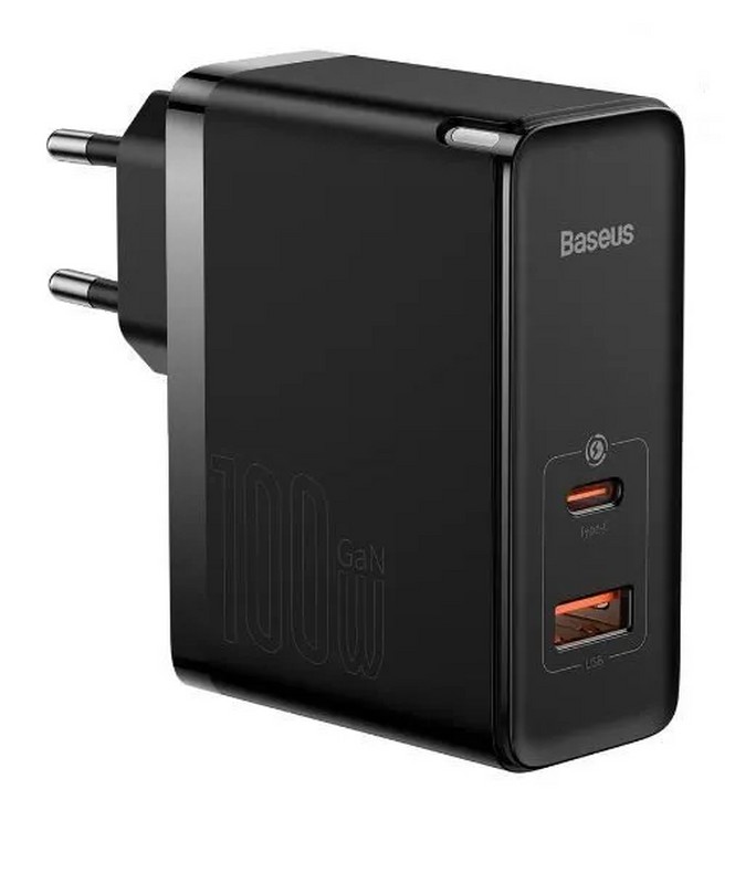 Адаптер питания Baseus GaN5 Pro Fast Charger C+U 100W EU с кабелем Type-C to Type-C 1m 100W (USB+Type-C: 5V 3.0A) CCGP090201 Черный