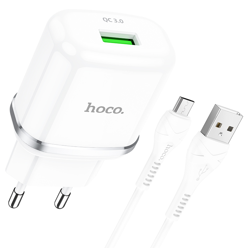 Адаптер питания Hoco N3 Special single port QC3.0 charger с кабелем MicroUSB (USB: 3.6-6.5V 3.0A/6.6-9V 2.0A/ 18W) Белый