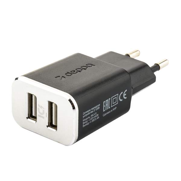 Адаптер питания Deppa Wall charger 2.4А D-11381, дата-кабель microUSB 1.2m (2USB: 5V 2.4A) Черный