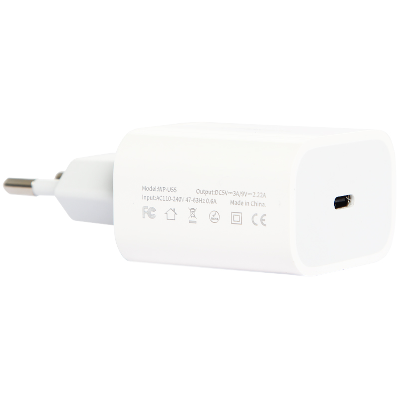 Адаптер питания WK WP-U55 PD+QC 3.0 fast Charger (USB-C: 5V max 3.0A/ 20Вт) Белый