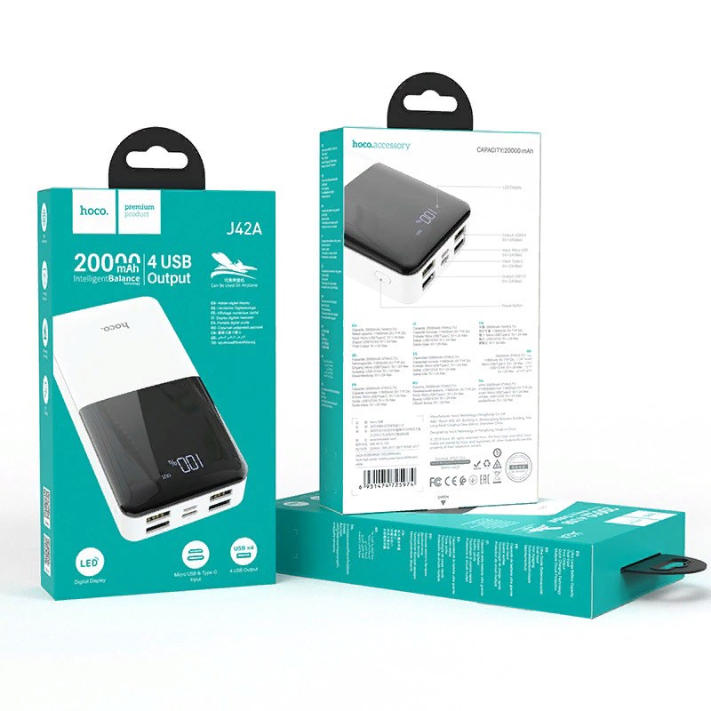 Аккумулятор внешний универсальный Hoco J42A 20000 mAh High power mobile power bank (4USB:5V-2.0A Max) Белый