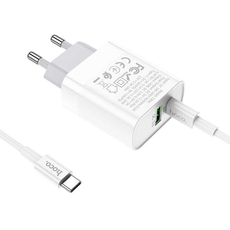 Адаптер питания Hoco C80A Rapido PD+QC 3.0 charger с кабелем Type-C to Type-C (USB: 5V max 3.1A/ 20Вт) Белый