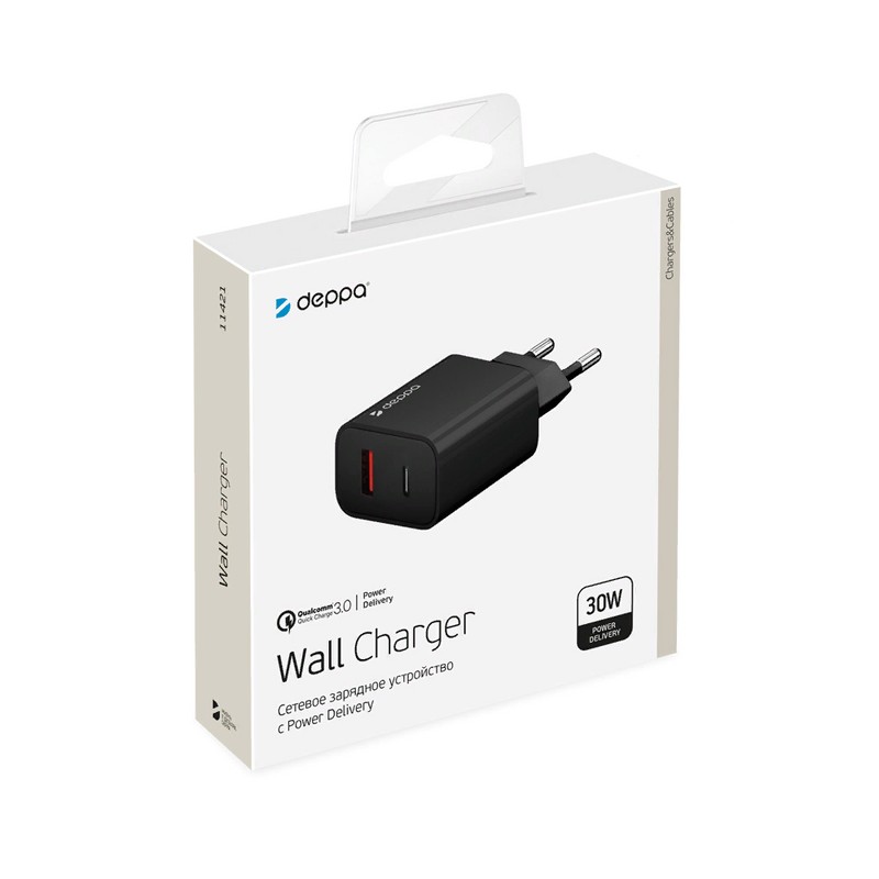 Адаптер питания Deppa USB Power Delivery+QC 3.0 30Вт D-11421 (Type-C+USB: 5В/ 3А, 9В/ 2А, 12В/ 1.5А) Черный