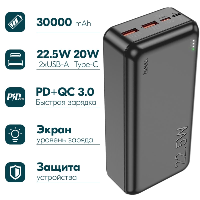 Аккумулятор внешний универсальный Hoco J101B 30000 mAh Astute PD22.5W+QC3.0 power bank (2USB:5V-4.5A/ Type-C: 5V-2.4A) Черный