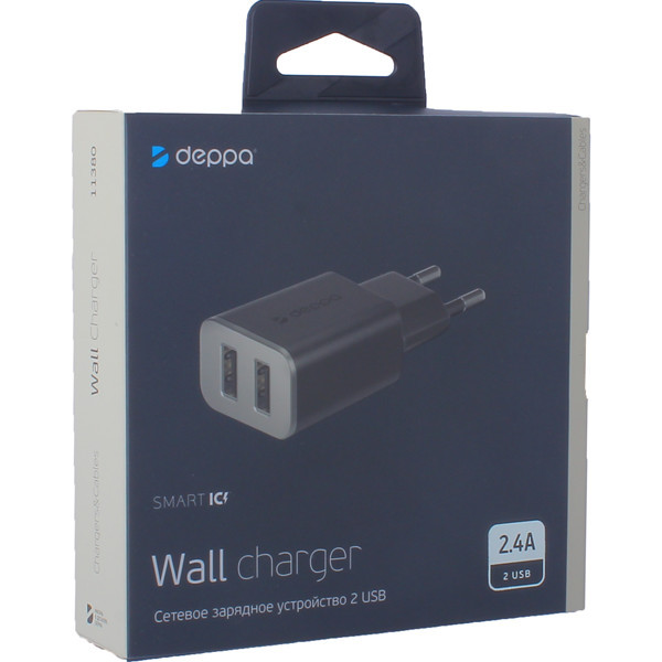 Адаптер питания Deppa Wall charger 2.4А D-11380 (2USB: 5V 2.4A) Черный