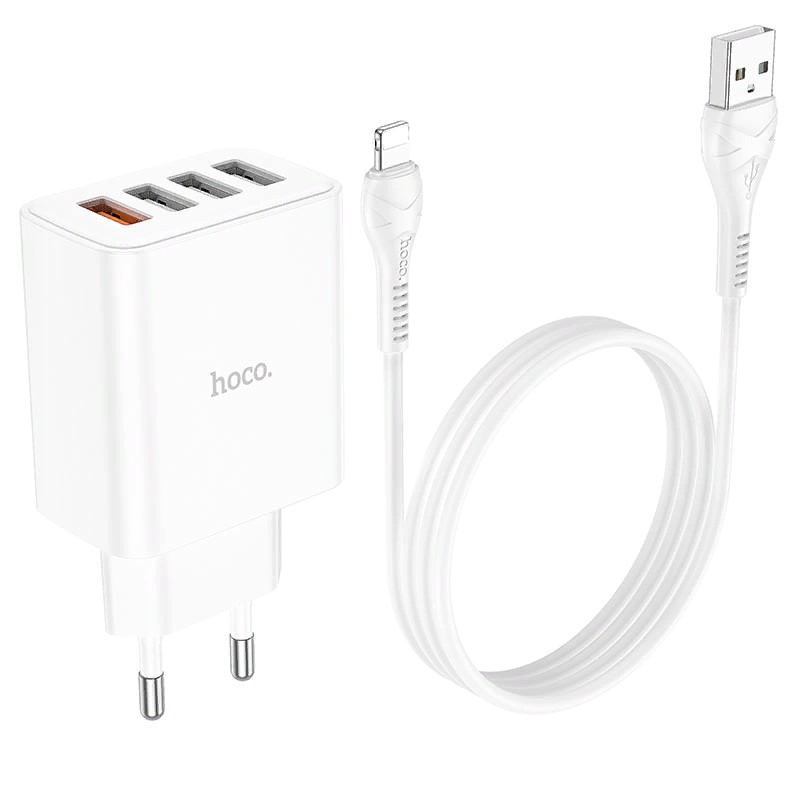 Адаптер питания Hoco C102A Fuerza QC3.0 fast charger 28.5W c кабелем Lightning (4USB: 5V max 2.1A) Белый