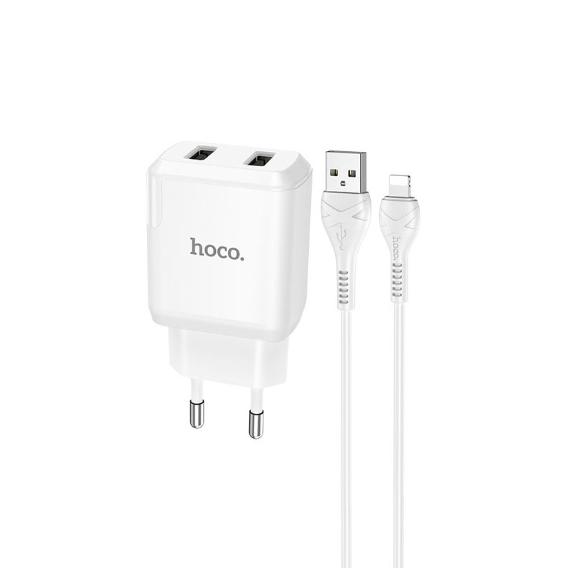 Адаптер питания Hoco N7 Speedy dual port charger с кабелем Lightning (2USB: 5V max 2.1A) Белый