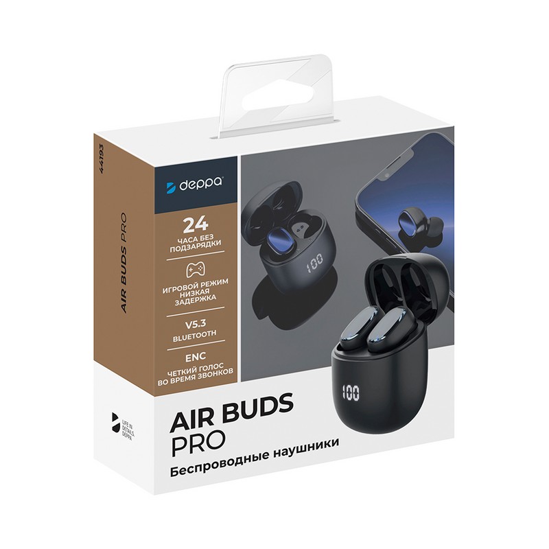 Bluetooth-гарнитура Deppa Air Buds Pro, TWS BT 5.3 (D-44193) с зарядным устройством 300 мАч Черный