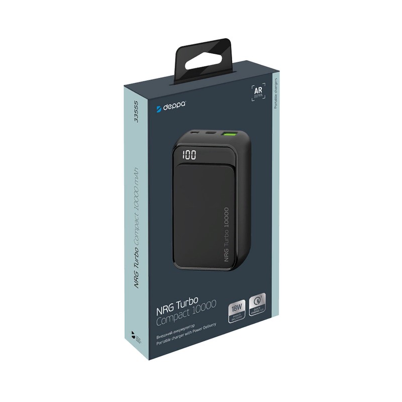 Аккумулятор внешний универсальный Deppa NRG Turbo Compact 10000 mAh QC 3.0 power bank 18 W D-33555 (2USB: 5V-2.1A) Графитовый