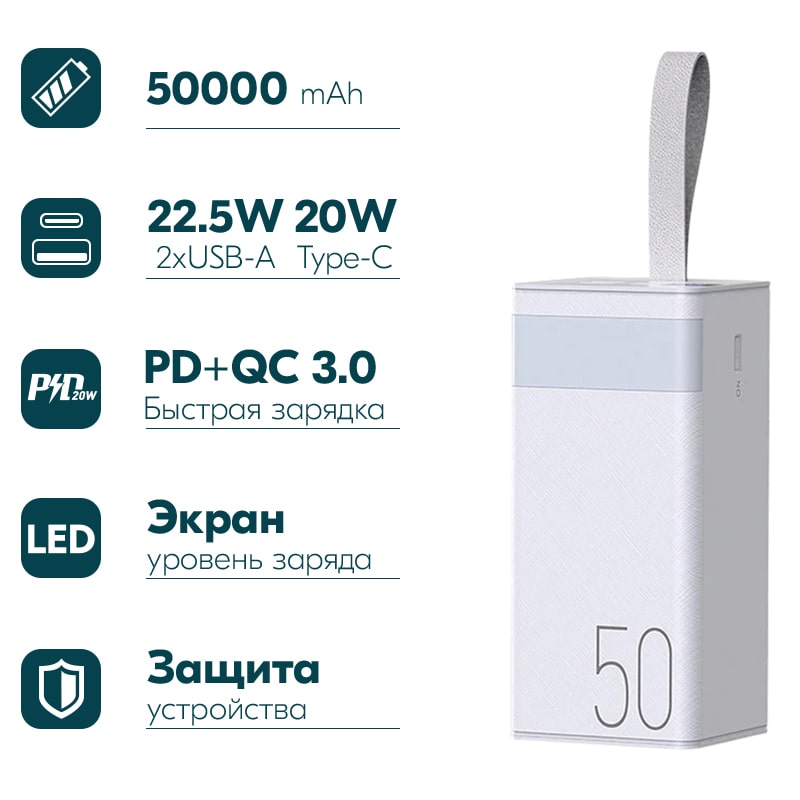 Аккумулятор внешний универсальный Remax RPP-321 50000 mAh Chinen series Super Fast Charg 22.5W/PD20W/QC3.0 power bank (2USB:5V-3.0A Max) Белый