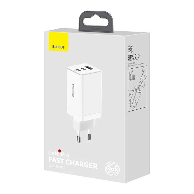 Адаптер питания Baseus Gan3 Pro 65W Quick Charger A+C EU с кабелем Type-C to Type-C 1m 100W (USB+2Type-C: 5V 3.0A) CCGP050102 Белый