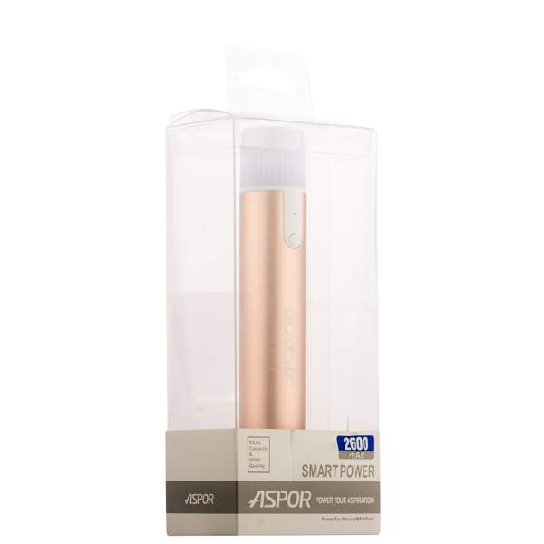 Аккумулятор внешний универсальный Aspor (A311) 2600 mAh (USB: 5V-1.0A) съёмный LED-USB фонарик розовое золото