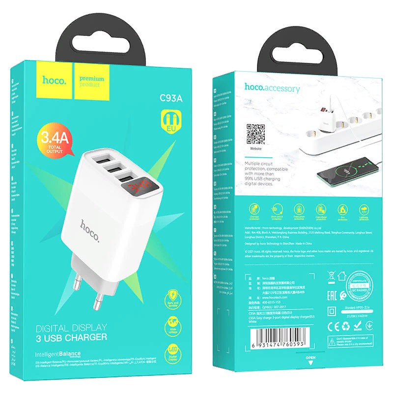 Адаптер питания Hoco C93A Easy charge 3-port digital display charger (3USB: 5V max 3.4A) Белый