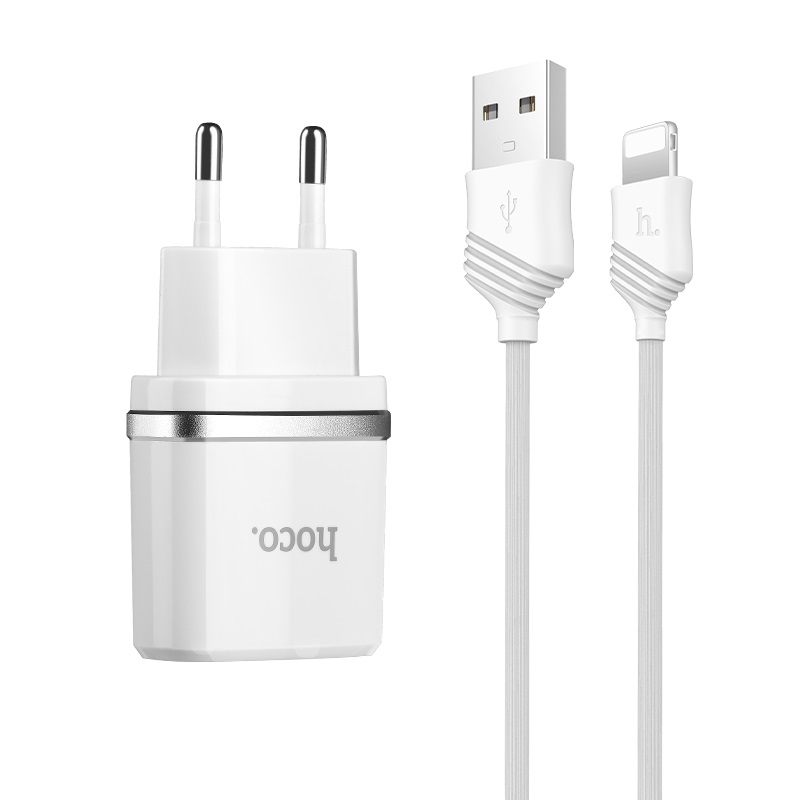 Адаптер питания Hoco C12 Smart dual USB charger set + Cable lightning (2USB: 5V max 2.4A) Белый