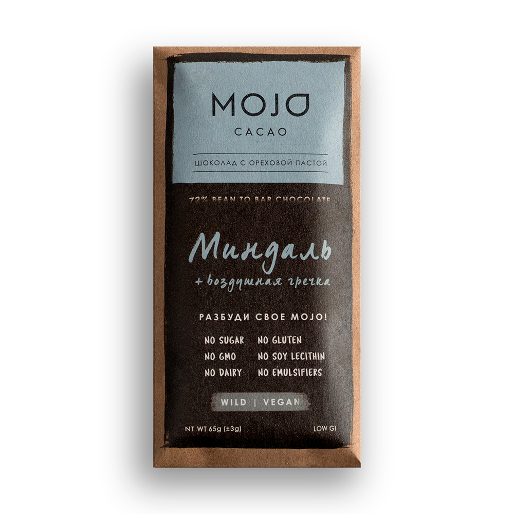 Шоколад горький "Миндаль и воздушная гречка", 72% какао Mojo Cacao 65 г