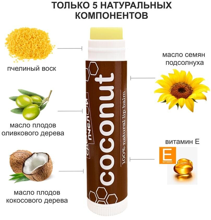 Бальзам для губ "Coconut", с пчелиным воском Сделано пчелой 10 мл 1 шт