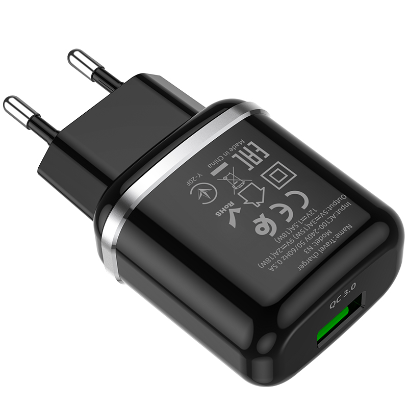 Адаптер питания Hoco N3 Special single port QC3.0 charger Apple&Android (USB: 3.6-6.5V 3.0A/6.6-9V 2.0A/ 18W) Черный