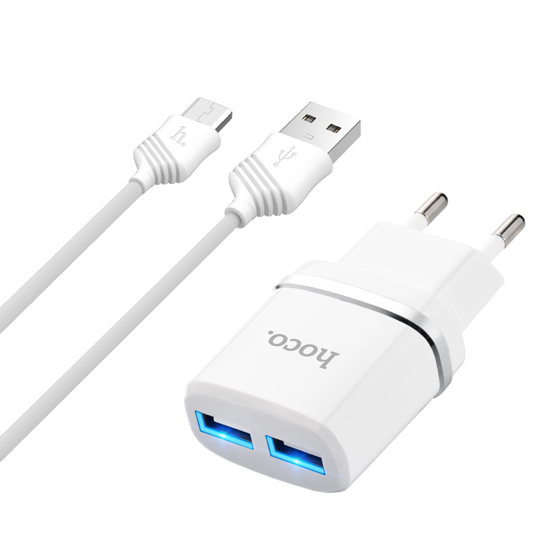 Адаптер питания Hoco C12 Smart dual USB charger set + Cable MicroUSB (2USB: 5V max 2.4A) Белый