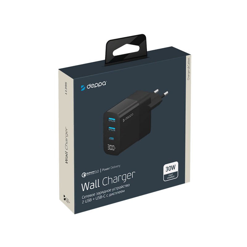 Адаптер питания Deppa PD Wall charger 3.0А QC 3.0 D-11395 (2USB A + Type-C) 30W дисплей Черный