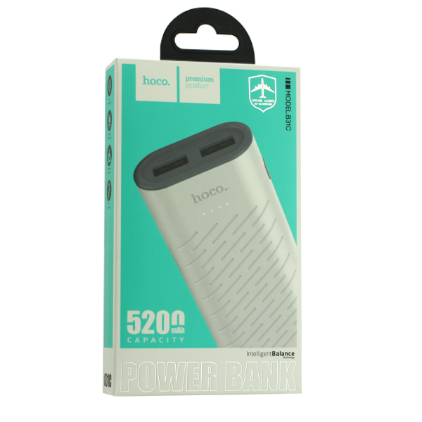 Аккумулятор внешний универсальный Hoco B31C-5200 mAh Sharp mobile Power bank (2 USB: 5V-1.0A) White Белый